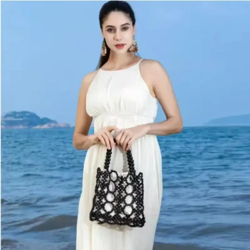 

New Hollowed Out Wooden Bead Women's Bag Handmade Woven Tote Bag for Beach Vacation Bag Contrasting Color Handbag