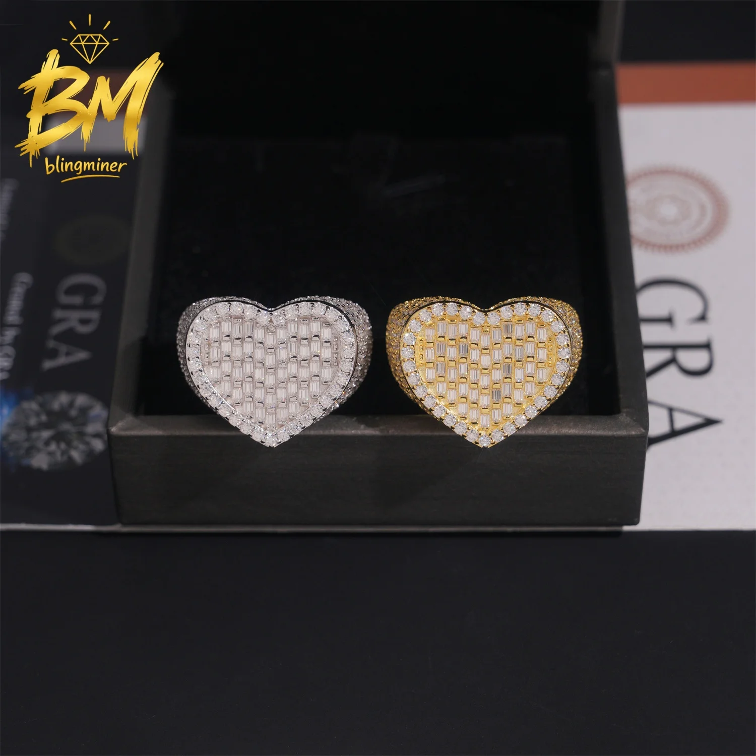 Blingminer Heart Baguette VVS Moissanite Rings For Men Women S925 Silver Finger Jewelry Pass Diamonds Tester GRA Free Shipping
