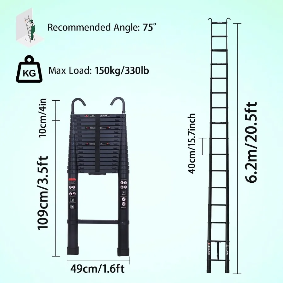 20.5ft 6.2M Black Aluminium Loft Ladder Telescoping Ladder with Hooks Extendable Easy to Store Delicate Design Max Load 330lb A