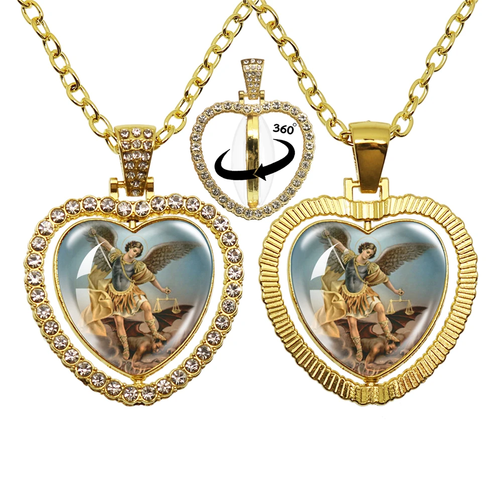 Archangel St. Michael  Protect Me Saint Shield Angel Heart Pendant Double Sided Necklace Orhodox Amulet Christian Jewelr