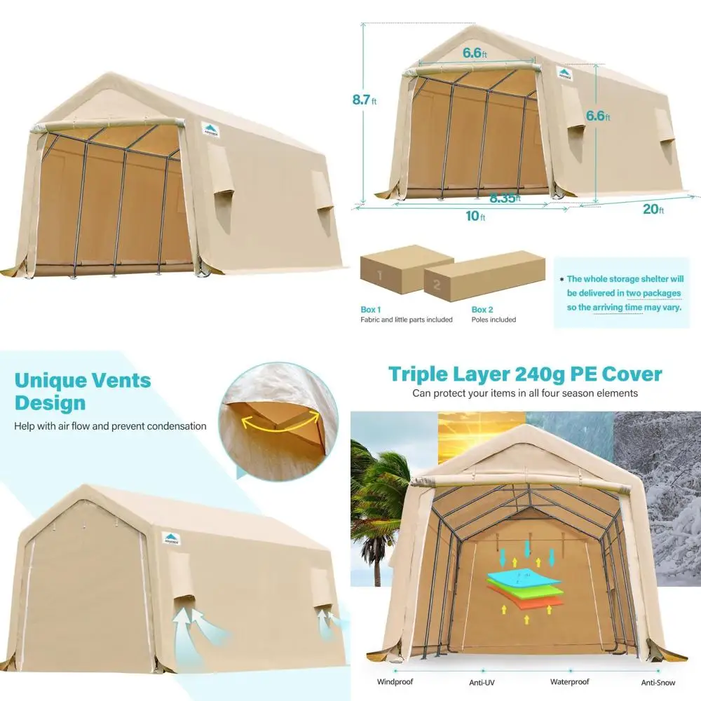 

sturdy 10x20 foot carport for outdoor use, portable canopy shelter with zippered doors and ventilation for snowmobiles