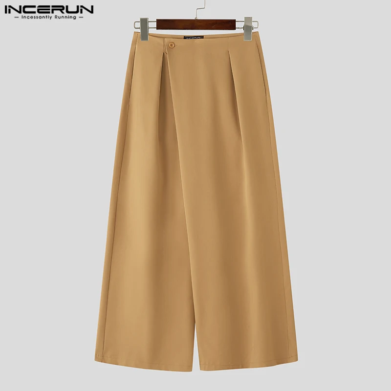 

INCERUN Men Pants Solid Color Button Loose Pleated Streetwear Casual Wide Leg Trousers Men 2025 Fashion Leisure Long Pants S-5XL