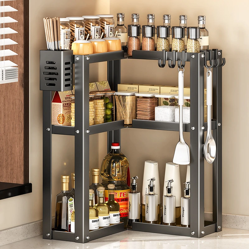 2 Tier Kitchen Corner Shelf Spice Rack Rotating Organizer Storage Rack Space Saving Seasoning Shelf Countertop Cabinet Organizer