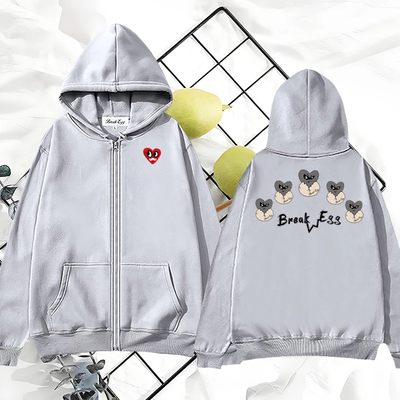 

Broken Egg Multiple Cute Heart Printing Women Zipper Hoodie Polyester Red Eyes Beard Heart Embroidery Pocket Loose Lady Sweater