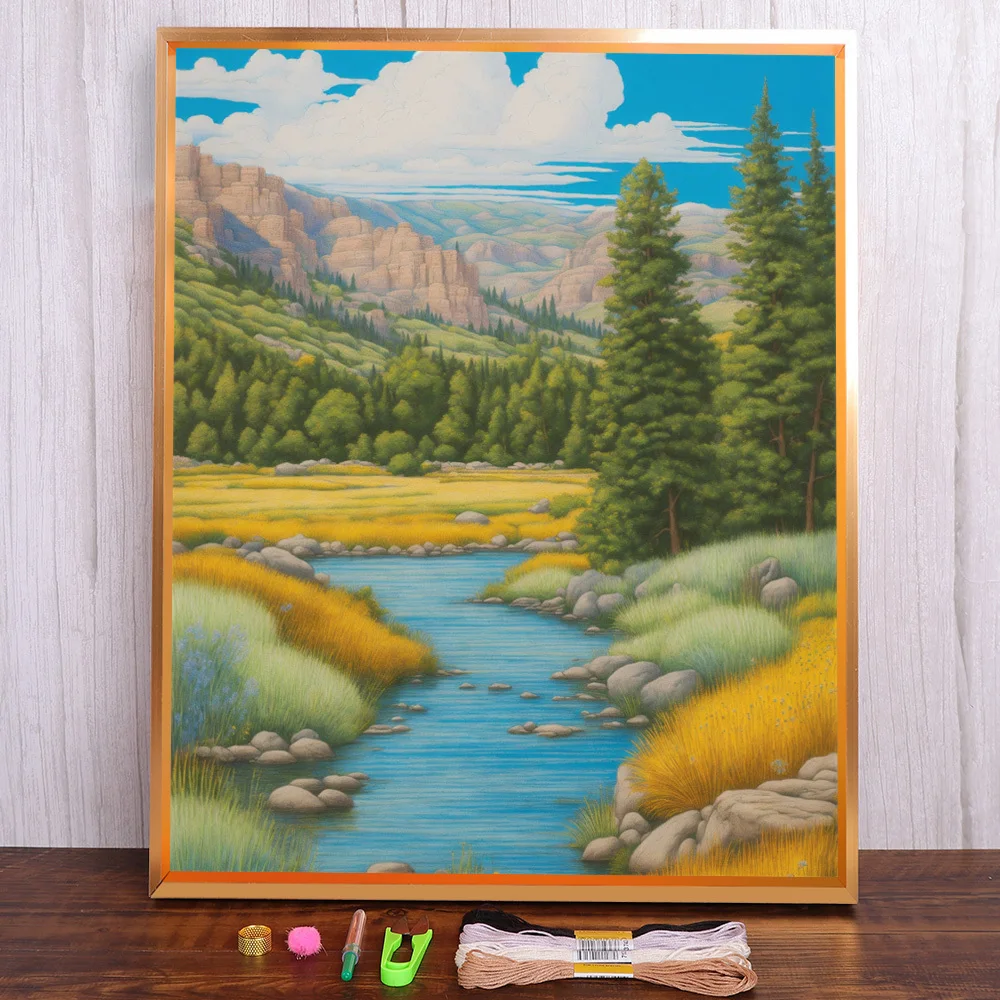 

Landscape River Printed Fabric Cross-Stitch DIY Embroidery Complete Kit Handmade Needlework Hobby Knitting Different Mulina Gift