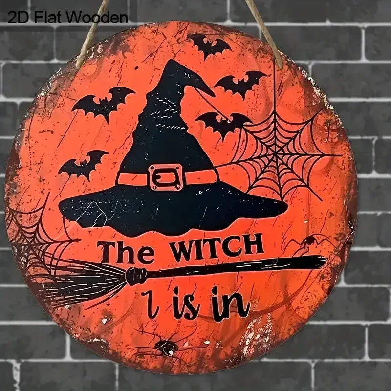 2D Flat - 1pc Wooden Printed Flat Design, Halloween Witch Hat Broom Bat Round Wooden Ornament - 