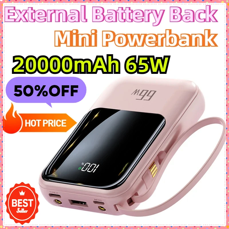 

For Huawei Xiaomi IPhone 14 Redmi 9 Mini Powerbank Built in CablesPower Bank 20000mAh 65W Fast Charging External Battery Back