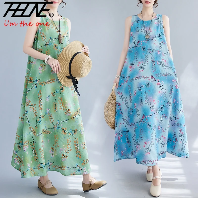 Abito donna cinturino estivo canotta o senza maniche Vestidos De Mujer Vintage Maxi abito floreale bohémien o Boho stampa cotone lino