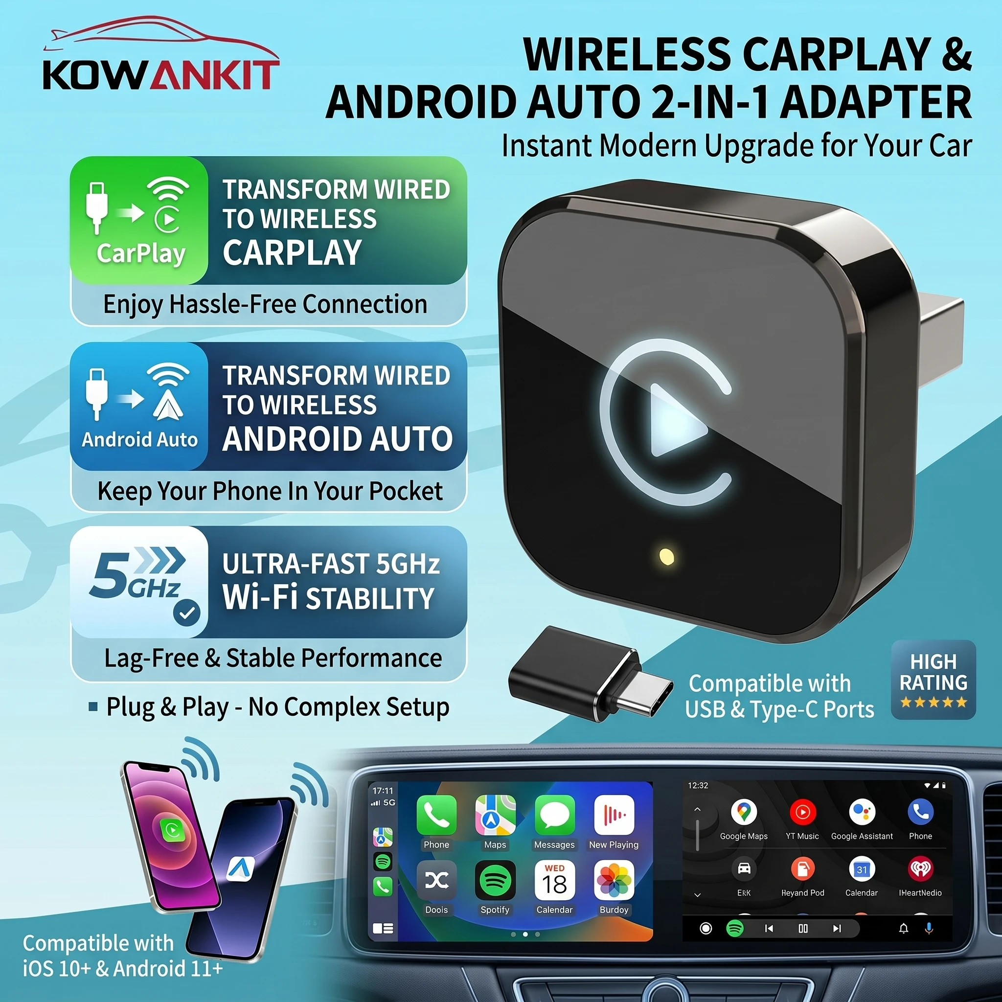 

Kowankit Wireless CarPlay Adapter 2026 Android Auto 2in1 Dongle BT 5G WiFi Plug Play Siri Navigation For Toyota Hyundai Ford VW