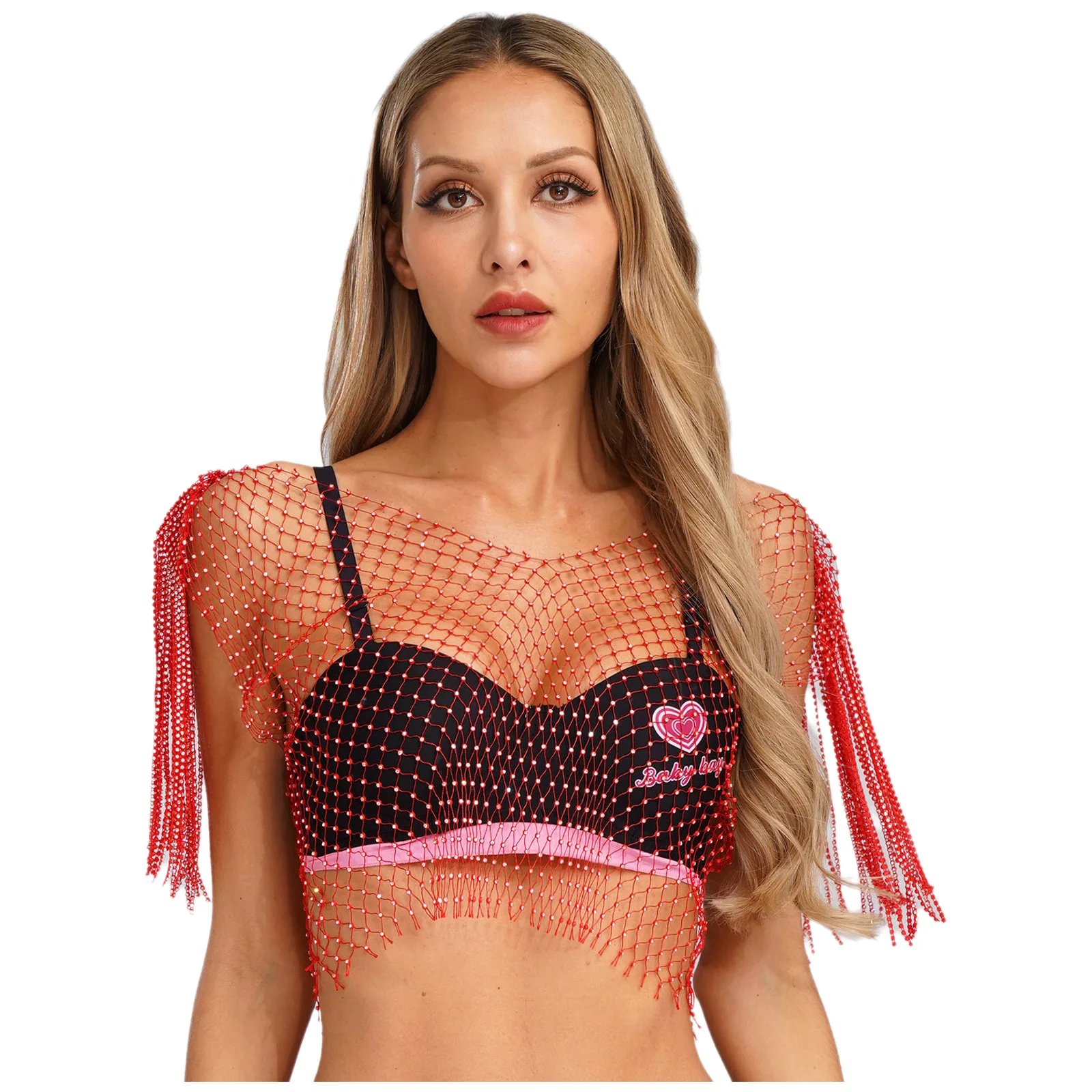 Womens Shiny Diamond Hollow-out Visnet Tops Sexy Fashion Fringe Shirt Top Nachtclub Muziekfestival Rave Party Danskostuum