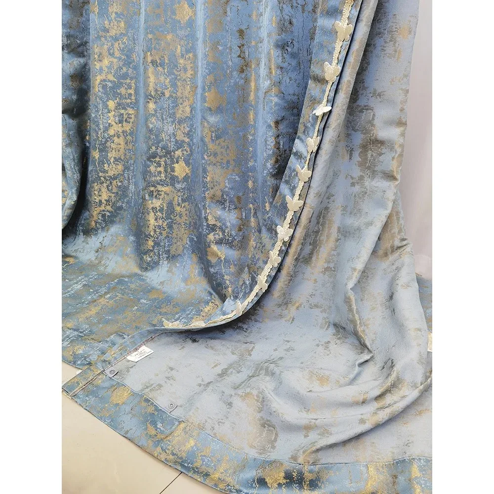 Blue Gold Filigree Jacquard Gilt Lace Thickened Curtains for Living Room Bedroom French Window Balcony Window Customization
