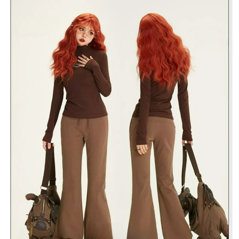 

New Fashion Maillard Style Paired T-shirt Top A Coffee-colored Semi-high-neck Long-sleeved Base Layer for Women Spring Autumn