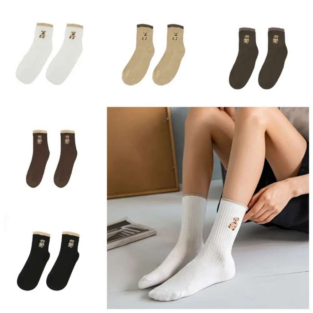 10Pairs Ins Cartoon Tube Socks Women Breathable Stripe Cute Bear Socks Harajuku Hosiery Mid-Calf Socks Women