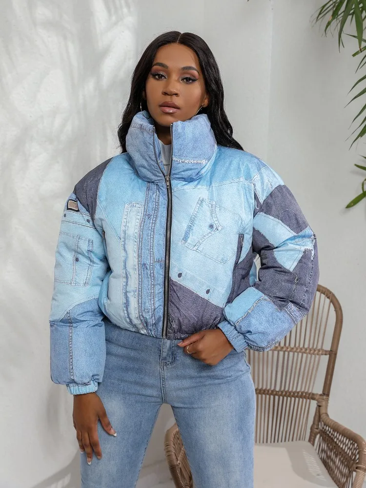 RT Casual Women Jackets Turn Down Collar Zippers Velvet Denim Coat Winter Autumn Print Overcoat