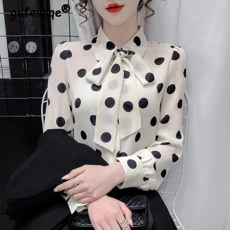 Women\'s Polka Dot Print Bow Elegant Chic Sweet Button Up Shirt Spring Autumn Casual Long Sleeve Office Ladies Blouse Top Blusas