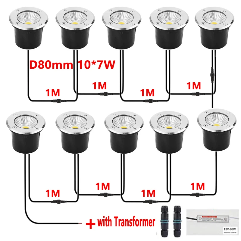 12V LED In-ground Light IP67 Waterproof Outdoor Recessed Lamp with Transformer 1M Waterproof Cable Landscape Buried Spotlight