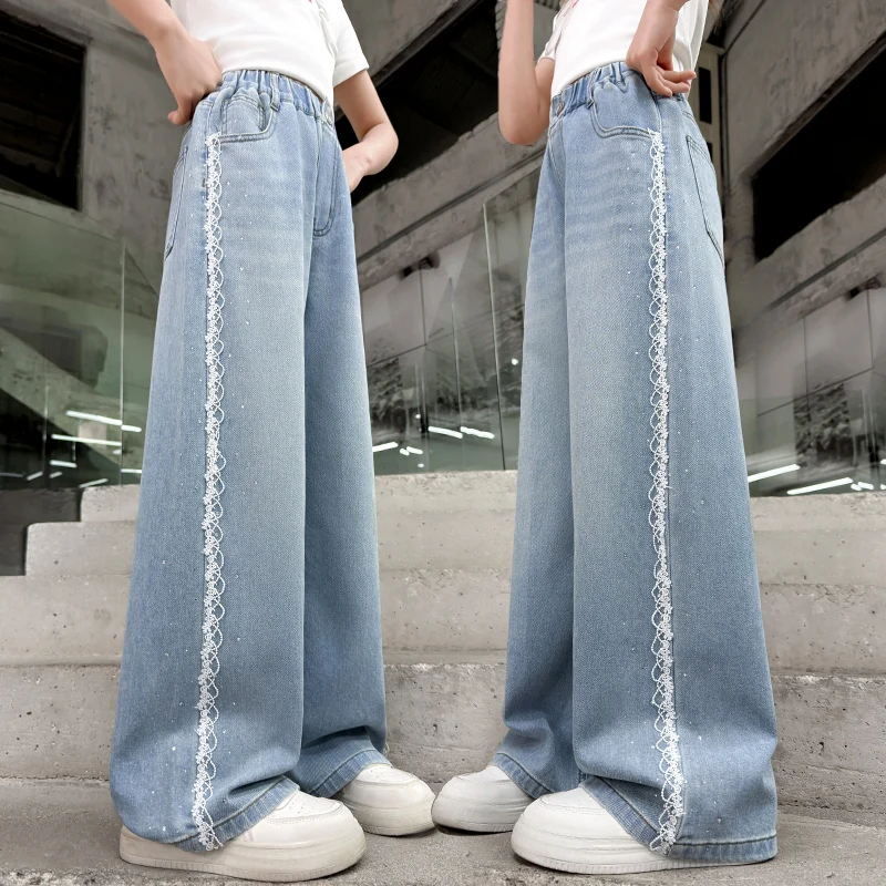 

Stylish Children Fashion Straight Fit Rhinestone Jeans With Lacing on the Sides for Teen Girls Street Denim Pants 5 6 8 10 12 14