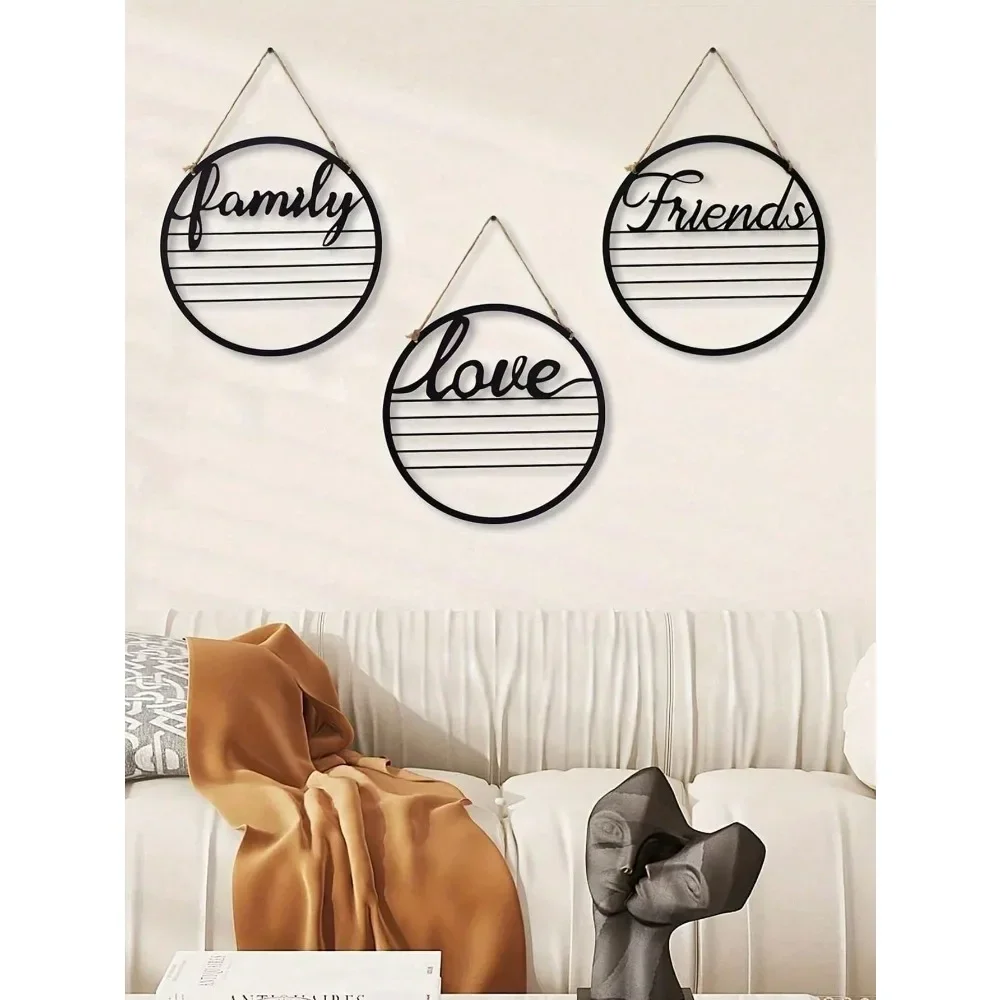 3-Piece Round Metal Wall Art, Friendship Love Family Sign Plaque for Living Room Bedroom, Modern Home Decor Gift