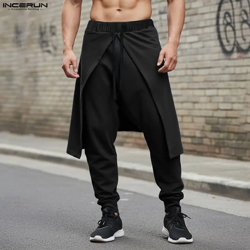 INCERUN Men Irregular Pants Solid Color Drawstring Joggers Loose Casual Trousers Men Streetwear 2026 Fashion Male Long Pants