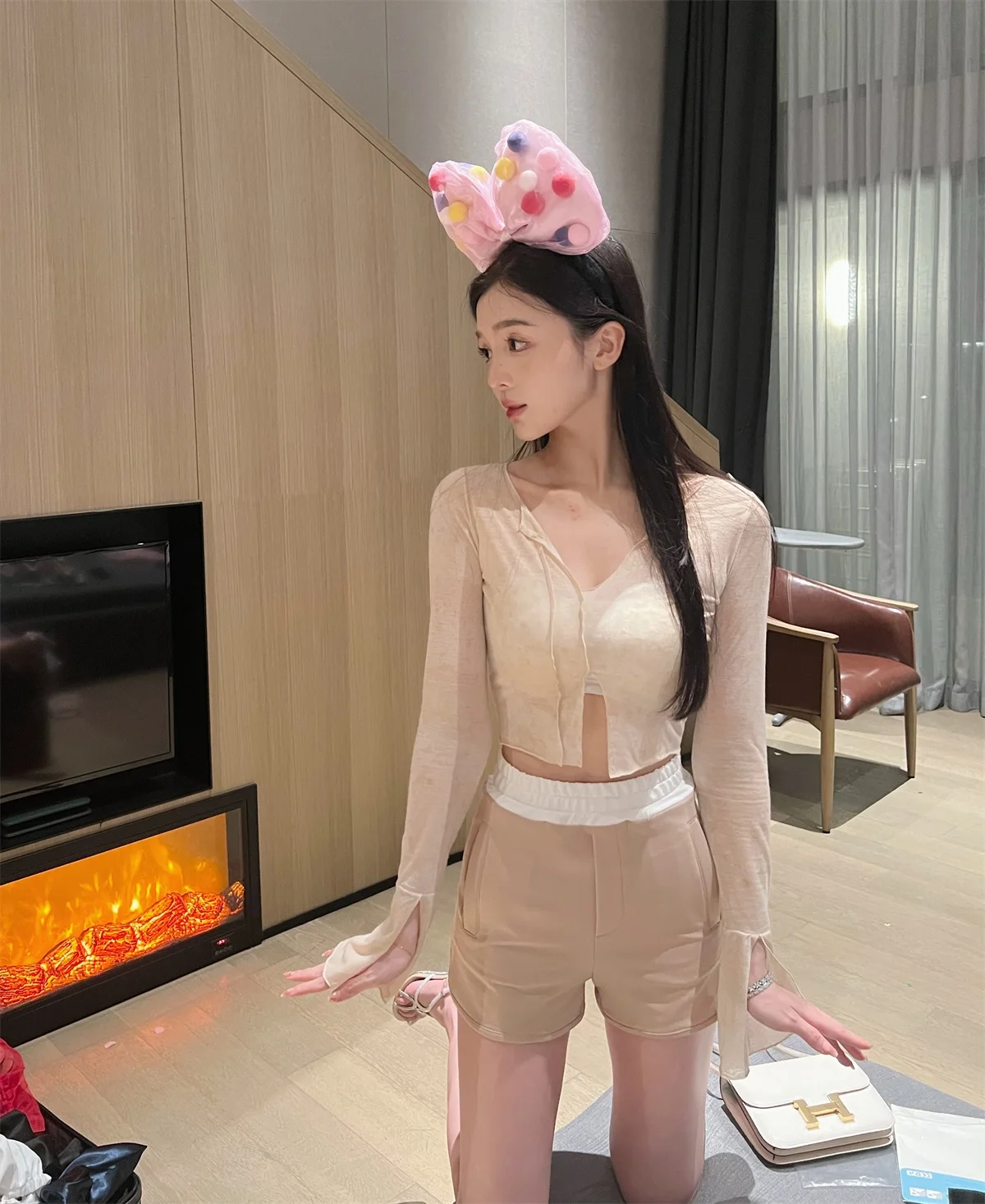 

High Waist Elastic Waist orts Women's Spor Cotton Blend orts in Milk Tea Color Casual High Waist Sports orts