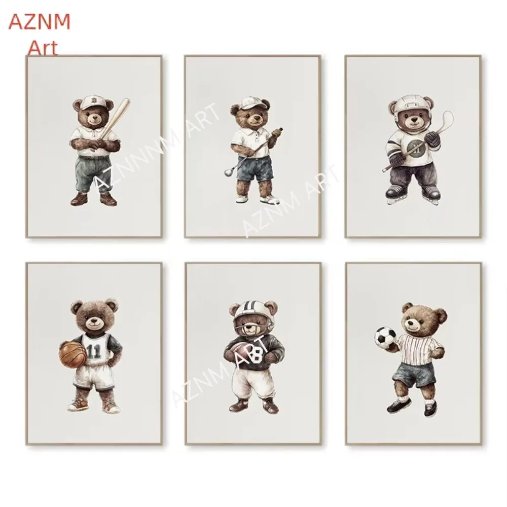 1/6 stücke Bär Sport Aquarell Poster Basketball Hockey Fußball Leinwand Druck Wand Kunst Bild für Wohnzimmer Wohnkultur