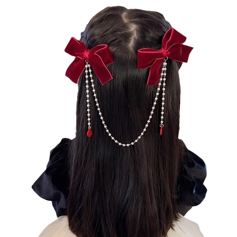 New Pearl Bow Tassel Hair Clip Elegant Solid Velvet Hair Claw Children Princess Best Hairpins Fashion Beauty Hair Accessories