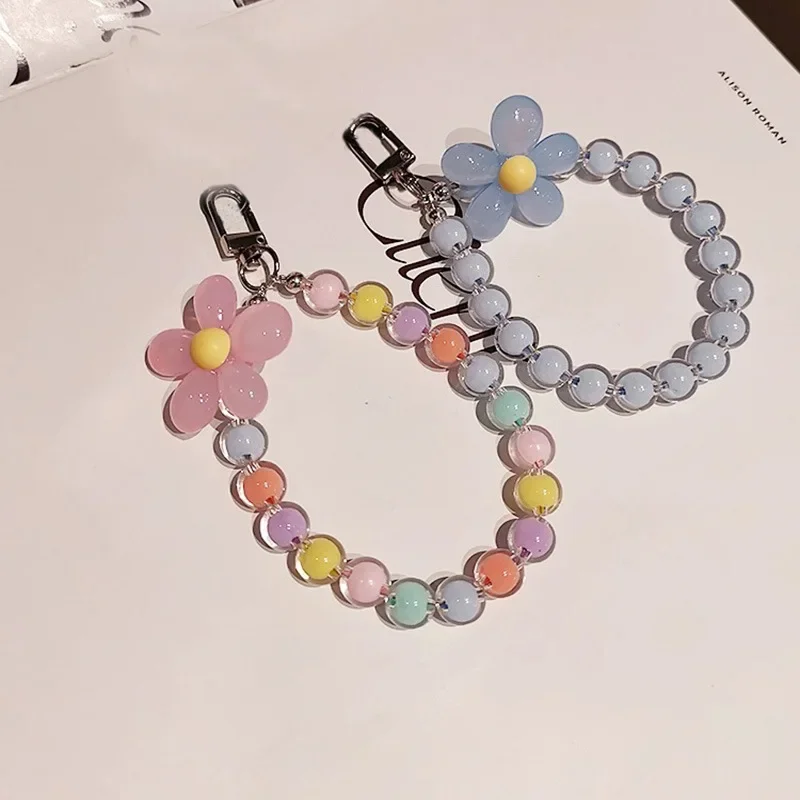 

Macaron Color Bow Heart-shaped Beads Cell Phone Lanyard INS Wind Handmade Beaded Flowers Acrylic Anti-loss Chain