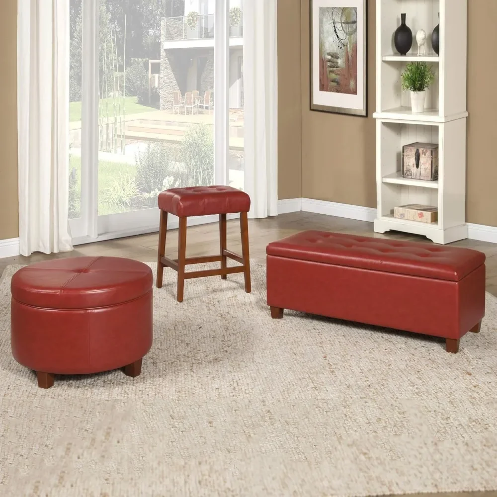 Round Leatherette Storage Ottoman With Lid, Cinnamon Red Large