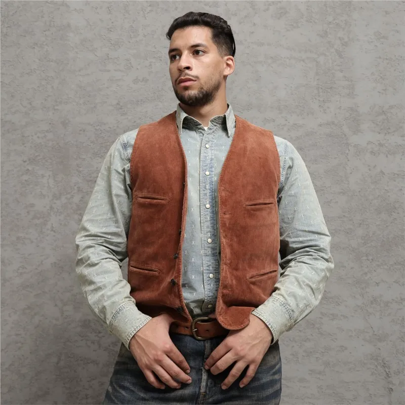 Amekaji American Vintage Brick Red Corduroy Vest Man Vulcanized Dyed Washed Corduroy Vest