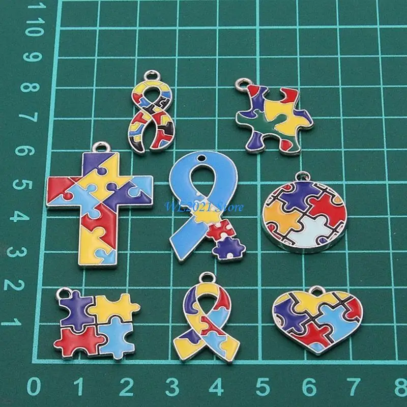 G5GC 8 قطع قلادة للتوعية بالتوحد الشريط شكل قلب مربع مطلية بالذهب قلادة مع المعلقات المينا شكل اللغز #6