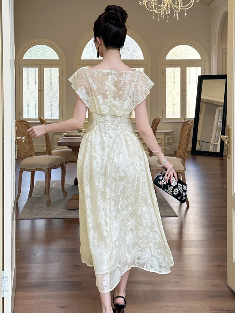 Women's Elegant Celebrity Floral Sheer Long Dress Lady-like Fairycore Pockets Swing Robe Female Party Holiday Vestidos Mujer