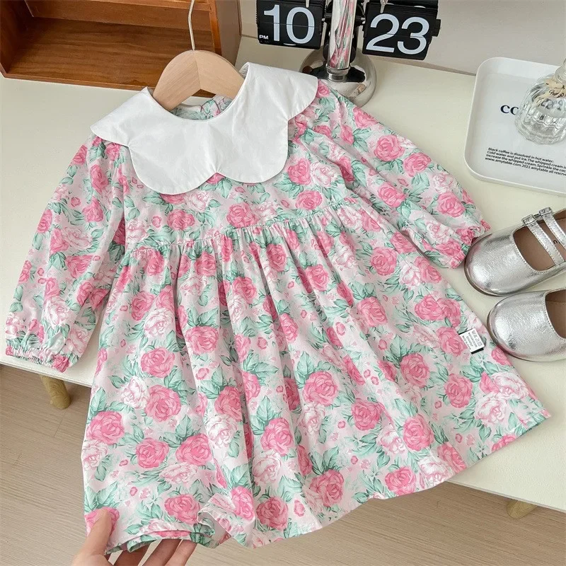 Child Star Round Girls\' Clothing Autumn Petal Collar Fragmented Flower Dress Sweet Long Sleeve Dress Sweet Dress