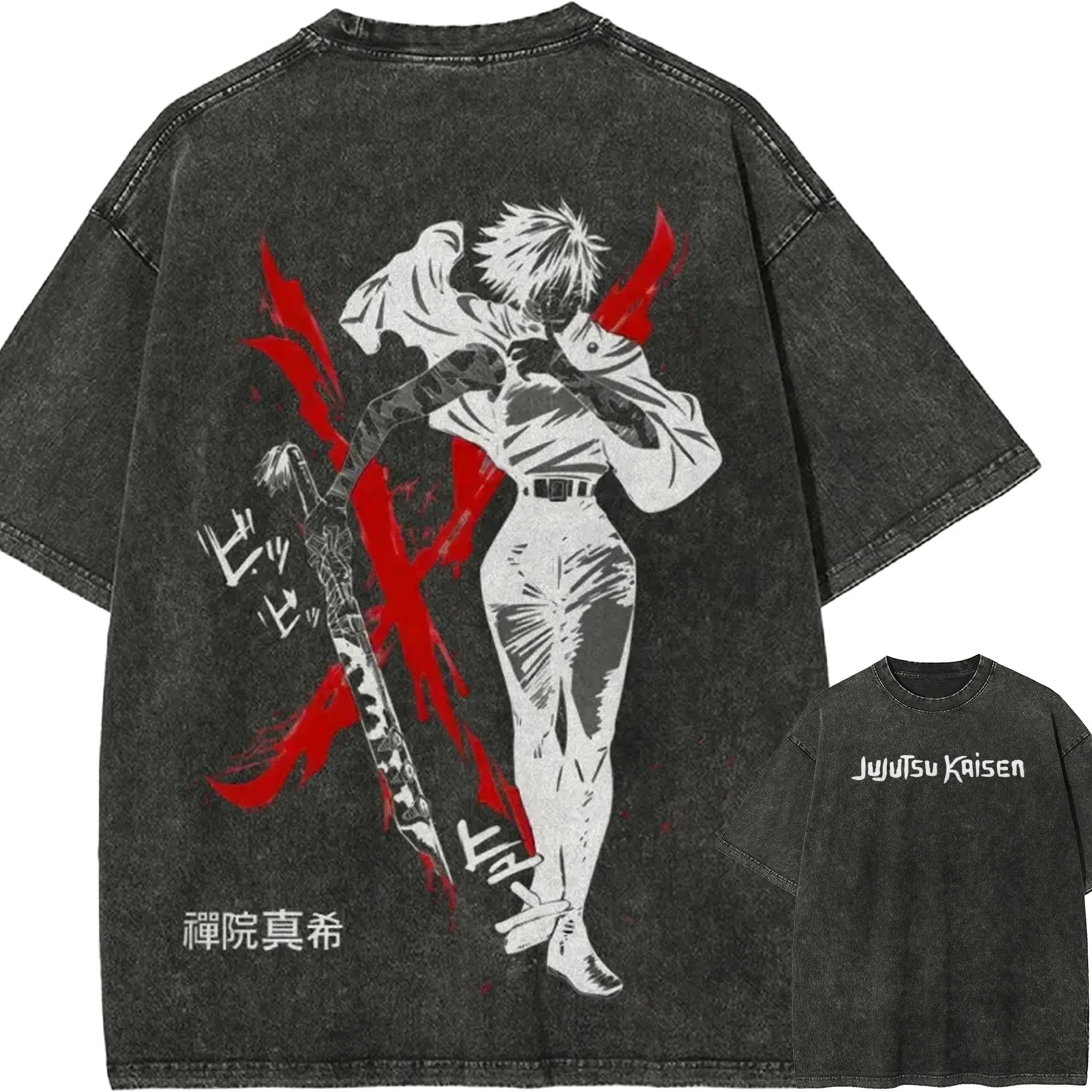 Maki Zenin Soul Liberation Blade T-Shirt Jujutsu Kaisen Vintage Washed Anime Tee Harajuku Übergroßes Grafik-Streetwear-Oberteil