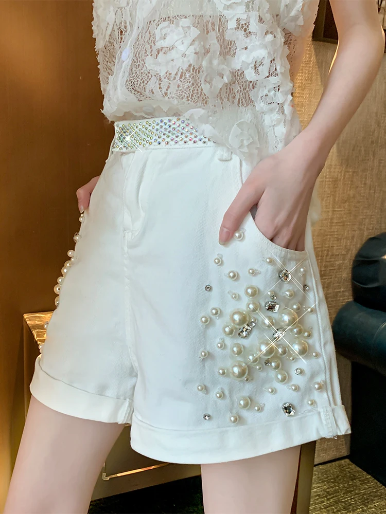 Hot Diamond  Shorts Women's Summer 2023 New European Station Heavy Duty Studded Beads High Waist Slim Wide Leg Pants Fashion