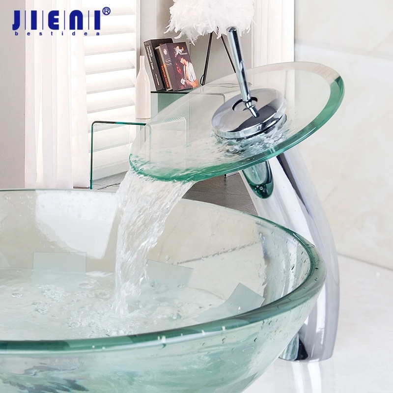 

JIENI Water Tap Chrome Brass Transparent Tempered Glass Waterfall Faucet Glass Bathroom Sink Tap Mixer Faucet