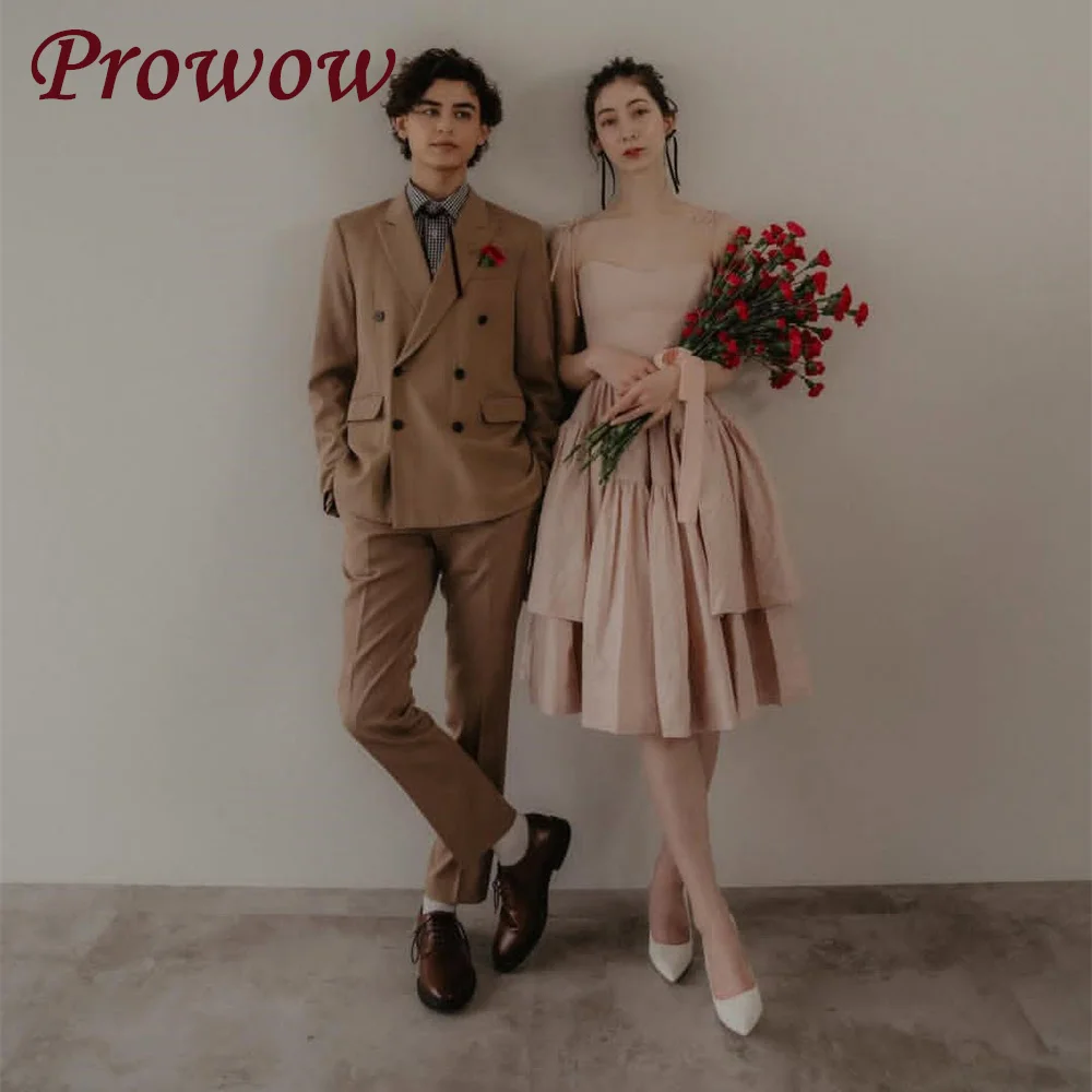 

Prowow Elegant Pink Taffeta Prom Party Dress Customized Korea Snapshots 웨딩드레스 Knee Length A Line Evening Gown Corset