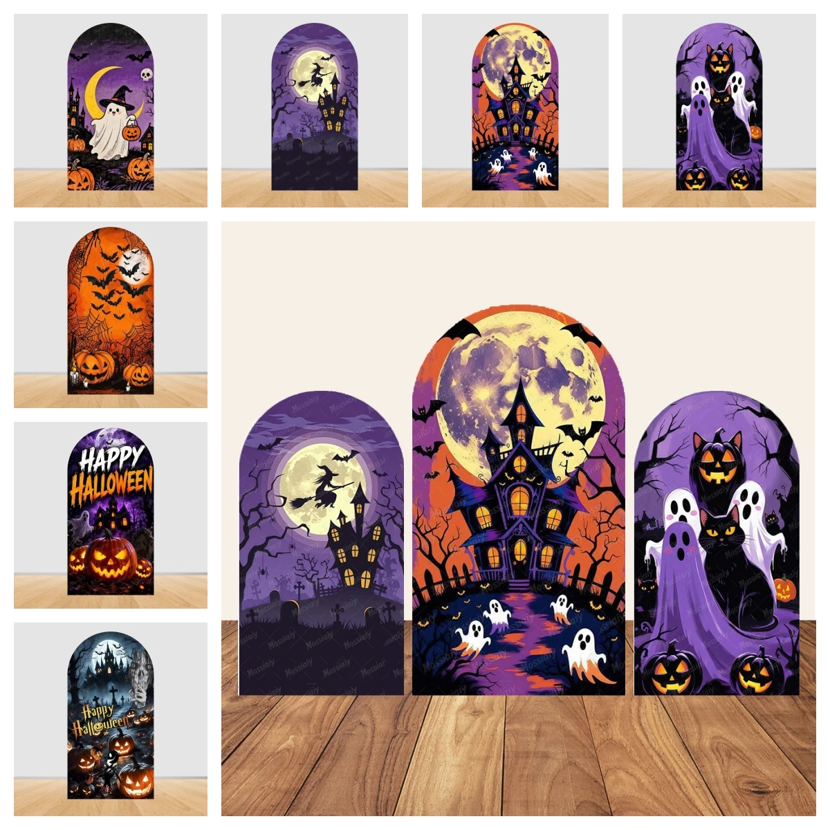 Halloween-Themen-Hintergrund mit orangefarbenem Kürbis und gruseligem Schlossbogen für Fotografie, Feiertagsparty-Dekorationen, beidseitig individuell gestaltbar