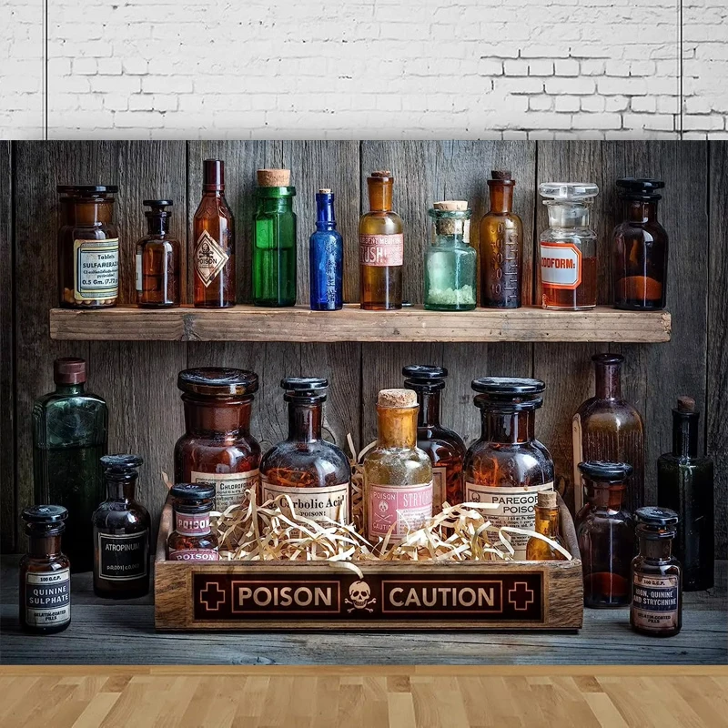 Photography Backdrop Potions Drug Bottles Poison Caution Wooden Shelf Halloween Magic Room Chemistry Pharmacy Background Banner