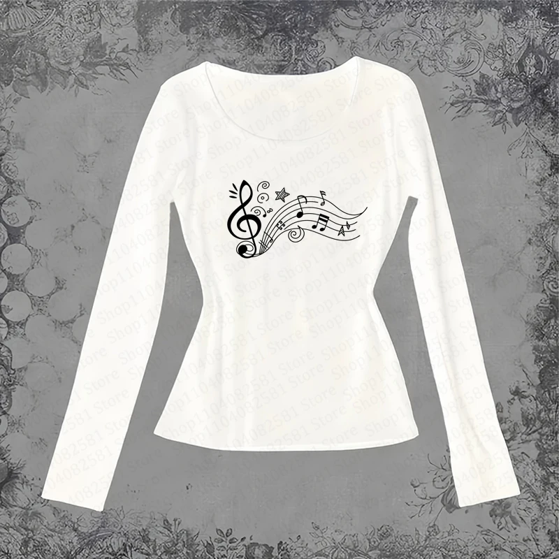 

Retro 2000s cute Harajuku style sweet cool slim fit white casual T-shirt for girls with note print long sleeved top emo girl