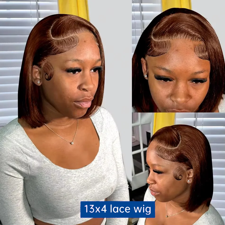 13x4 Lace Front Bob Wigs Human Hair Chocolate Brown Straight Bob Wigs 200% Full Density Transparent Lace Frontal Wigs For Women image 2