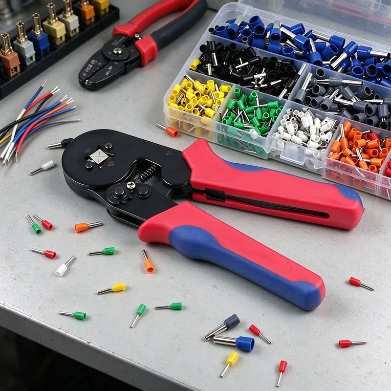 ferrule crimper, HSC8 6-4A crimping pliers, wire end ferrule terminals, self adjusting crimp tool, electrician wiring repair kit