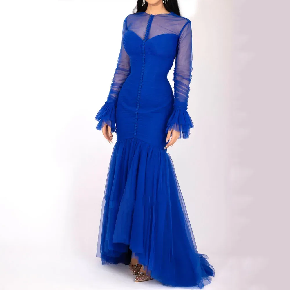 

Customized Elegant Blue Asymmetrical Evening Dresses 2024 O Neck Long Sleeve Pleated Tulle Formal Gown Sweep Train Mermaid Prom