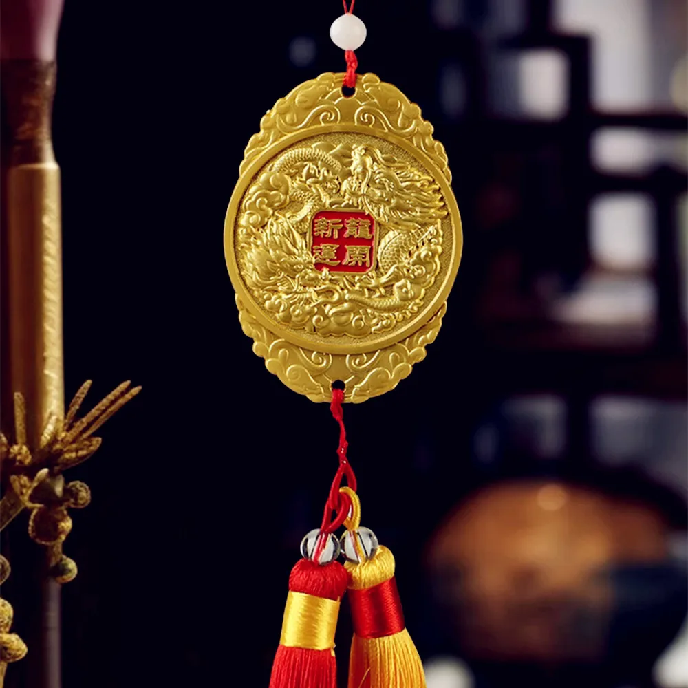 

Chinese New Year Gold Color Alloy Zinc Double Dragon National Auspicious Lucky Hanging Pendant,Car Hanging Decorate Ornaments