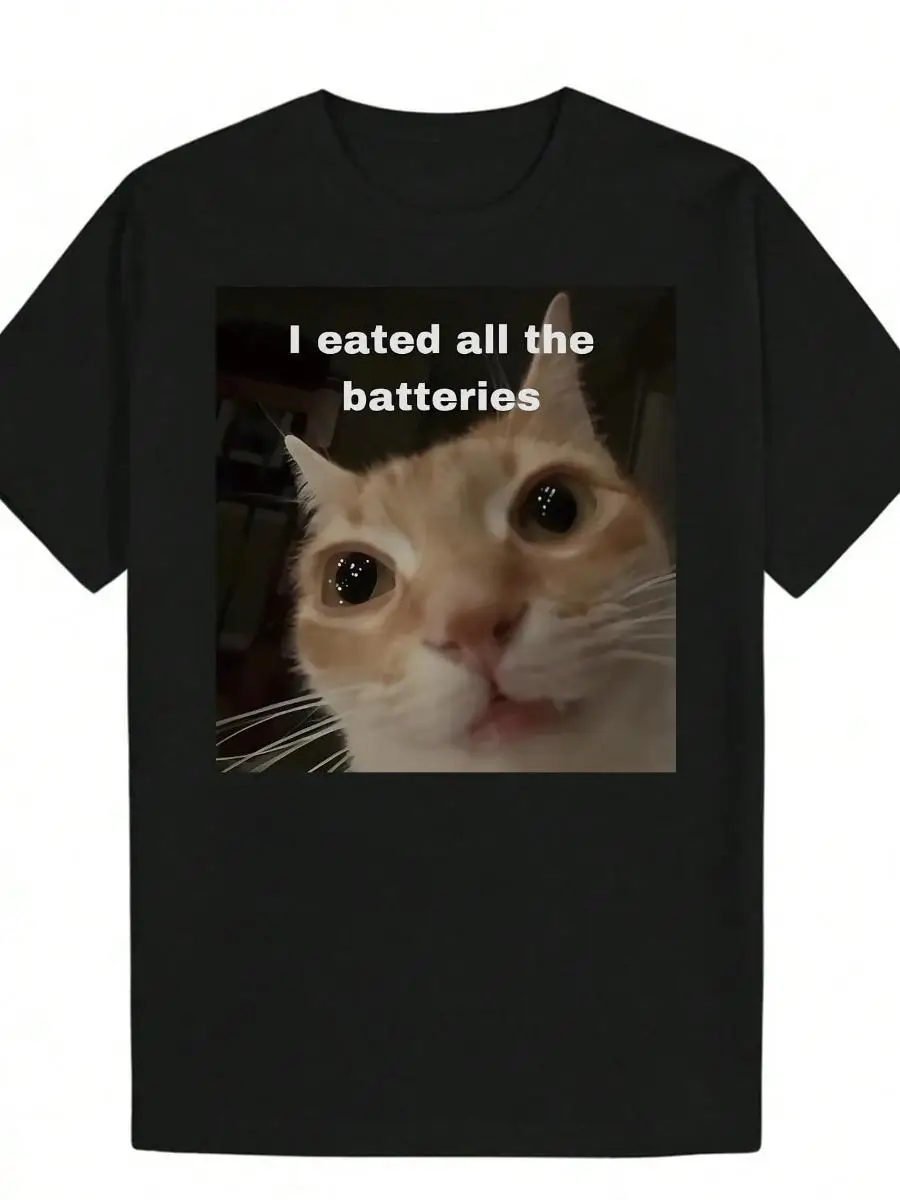 

Men S Funny _I ATE ALL THE BATTERIES_ Cat Meme Graphic T-Shirt - Black Crew Neck Tee, Lightweight Everyday Casual Shirt For Pet Lovers Internet H