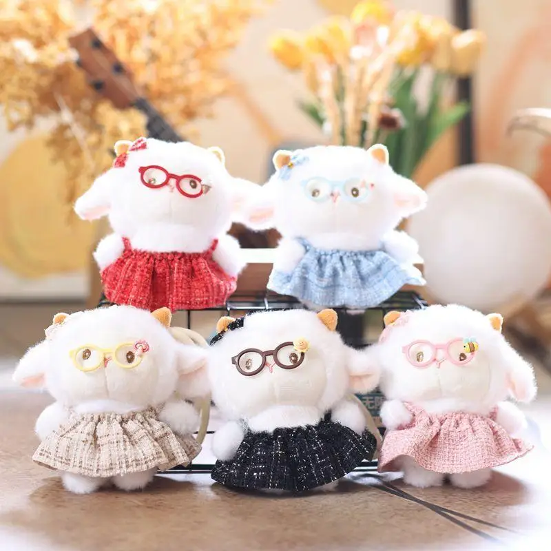 Cute Lamb Plush Key Pendant Mini Soft Fluffy Glasses Dress Design Keychain for Kids School Bag Birthday Gift for Girls