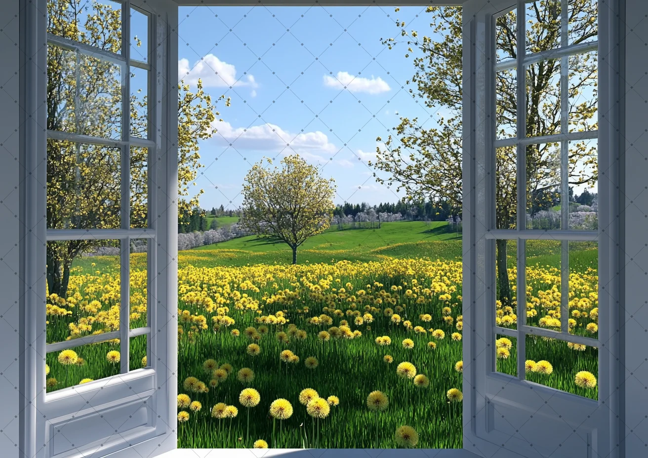Spring Photography Background Fairy Tale Garden Flowers Blue Sky Sunflower White Clouds Fence Princess Birthday Party Decoration