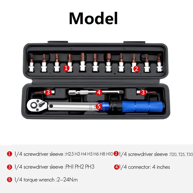 16-Piece Torque Wrench Set Hexagon Bi-Directional Adjustable 1/4 Inch Ratchet Wrench Maintenance Tool Easy To Use