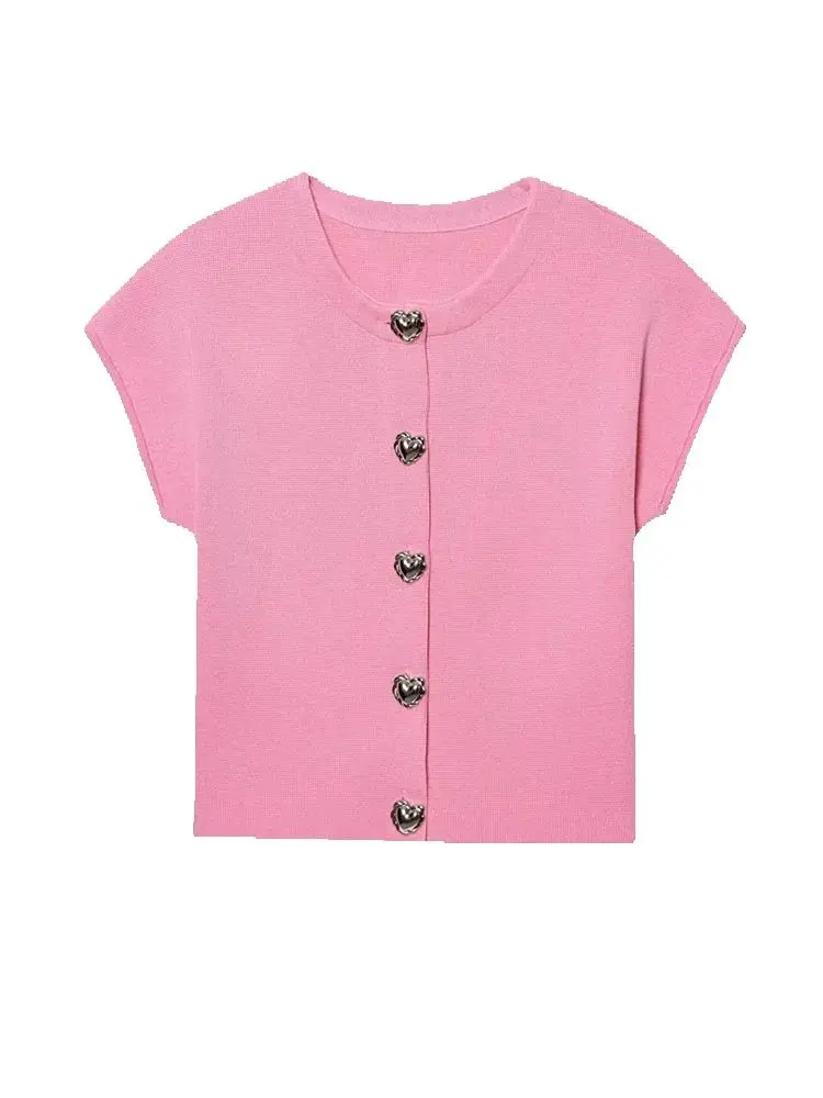 

Cardigan Outerwear Women's Fashion Button Decoration Knitted Cardigans Short Sleeve Sweater Knitwear Casual Coat