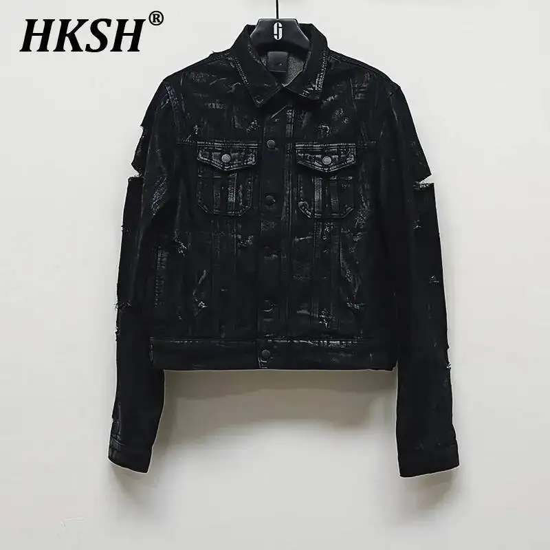 

HKSH Spring Autumn New Man Punk Fashion Streetwear Dark Brushed Wax Handmade Damaged Tops Denim Jacket Y2K Chic Ins Coats HK4959