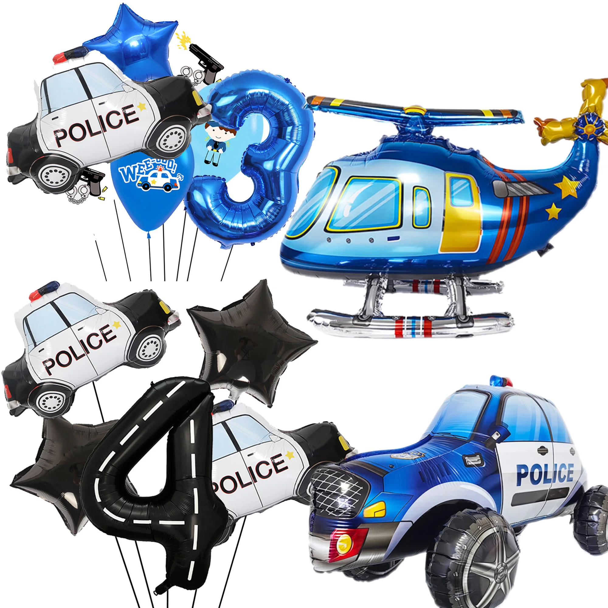 警察の誕生日パーティーの装飾 3D ブルー警察車ホイルバルーン警察キャップ警察ブルーシリコンブレスレット男の子の誕生日の装飾